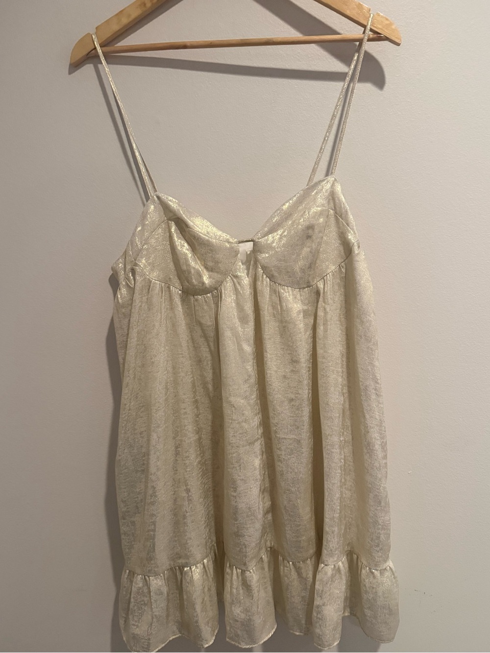 Storia Metallic Champagne Babydoll Mini Cocktail Dress Sweetheart Ruffle L NWT